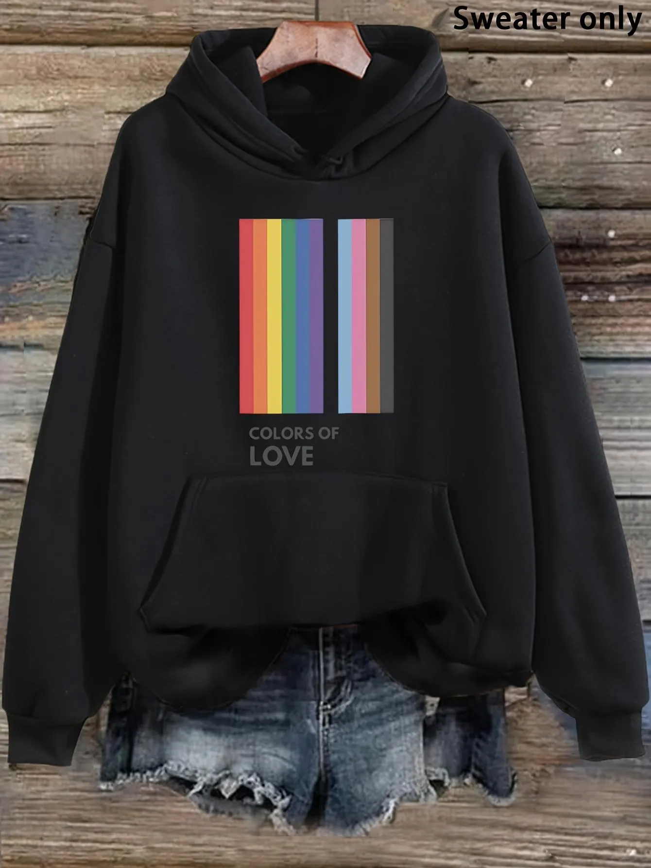Tailorly Women's Printed Hoodie - Colors Of Love Vertical Rainbow Stripes On Black Hoodie sold by Tailorly