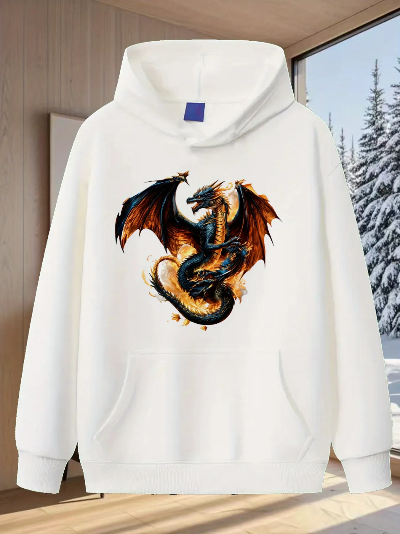Tailorly Men's Printed Hoodie - Fiery Embers Surrounded By Billowing Smoke And Majestic Dragon Wings Dragon sold by Tailorly