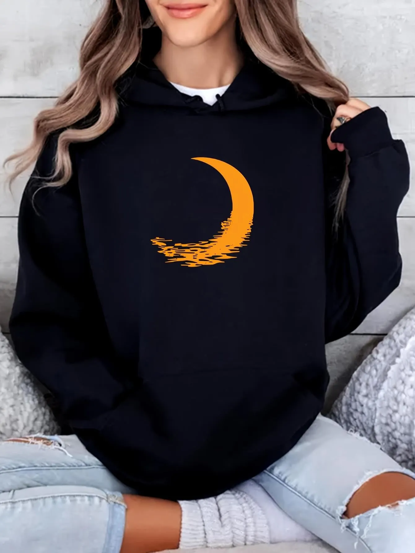 Tailorly Women's Printed Hoodie - Golden Brushstroke Crescent Moon On Night Sky Hoodie sold by Tailorly
