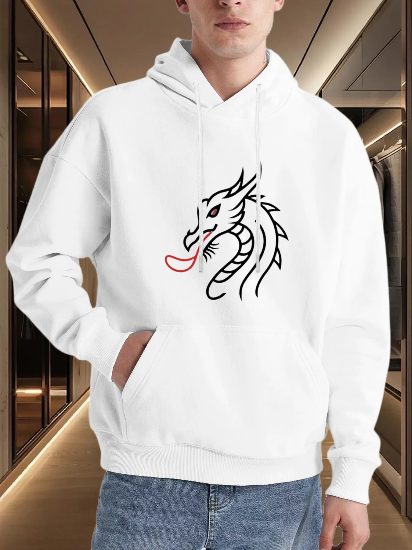 Tailorly Men's Printed Hoodie - Outlined Graphic Design With Red Accents Featuring Minimalist Mythical Dragon sold by Tailorly