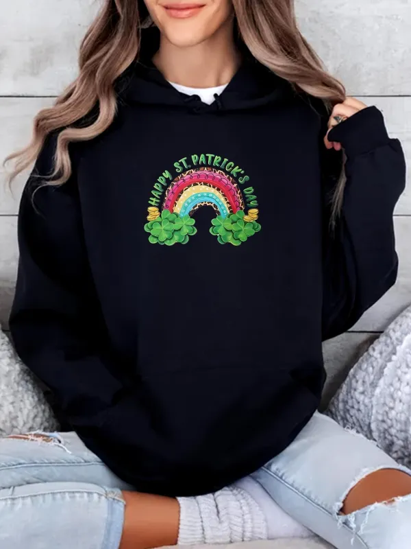 Tailorly Women's Printed Hoodie - Happy St Patricks Day Rainbow With Gold Coins And Green Clovers Under Clouds made by Tailorly