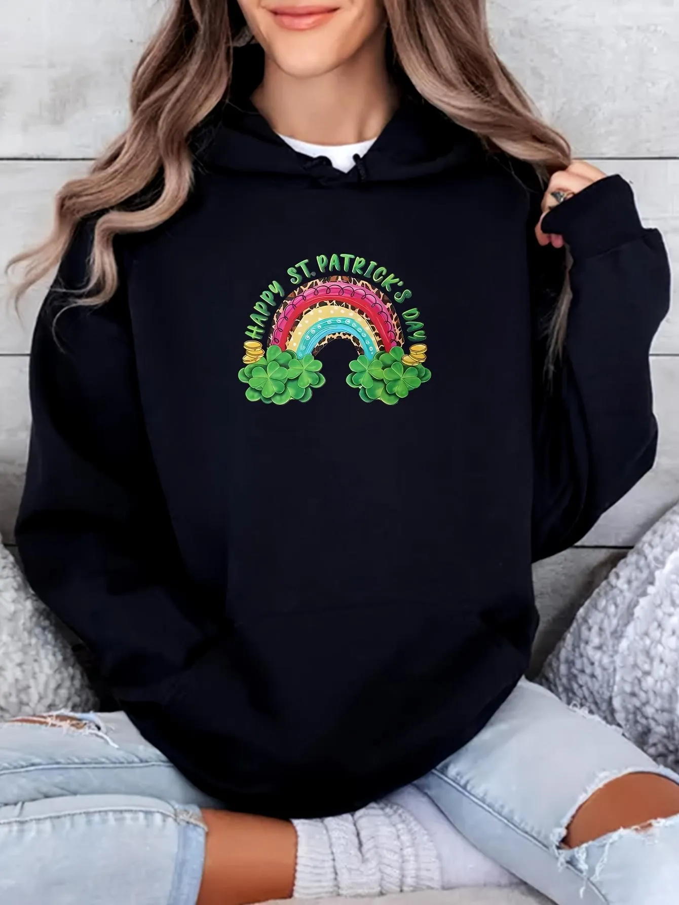 Tailorly Women's Printed Hoodie - Happy St Patricks Day Rainbow With Gold Coins And Green Clovers Under Clouds sold by Tailorly