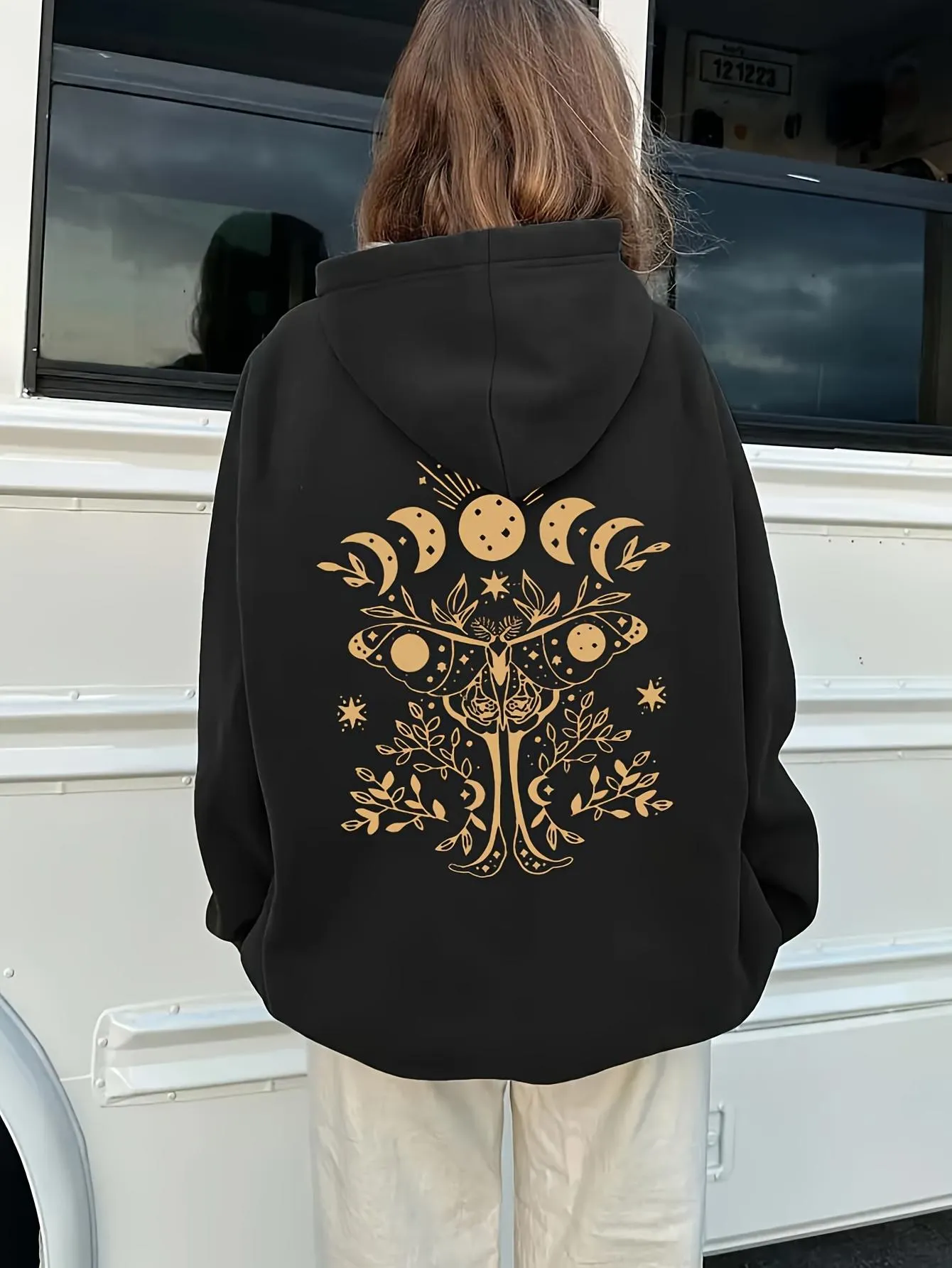 Tailorly Women's Printed Hoodie - Golden Celestial Moon Phases With Ornamental Deer And Mystical Tree sold by Tailorly