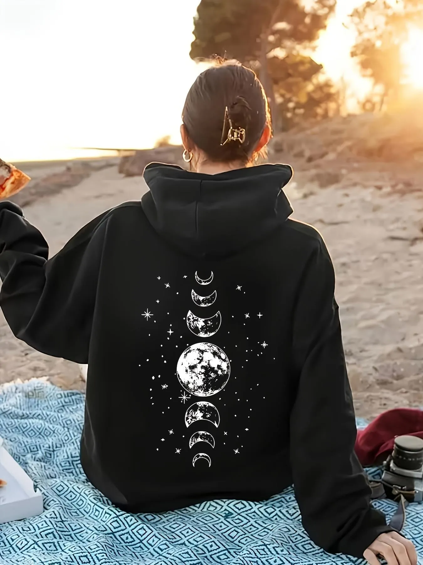 Tailorly Women's Printed Hoodie - Star Filled Night Sky With Phases Of The Glowing Moon sold by Tailorly