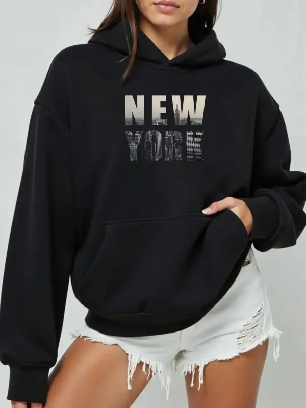 Tailorly Women's Printed Hoodie - New York Bold Letters Shadowed Cityscape Hoodie made by Tailorly