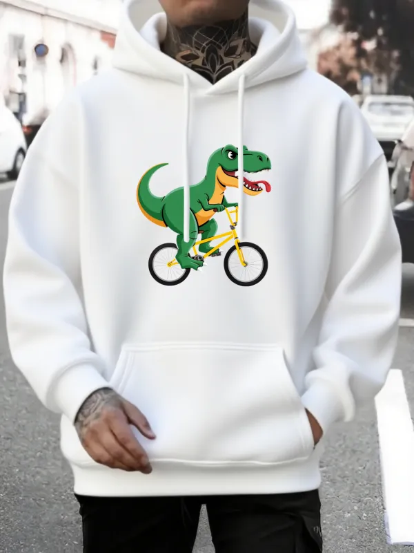 Tailorly Men's Printed Hoodie - Whimsical Green Dinosaur Riding A Yellow Bike Through City Streets Dinosaur made by Tailorly