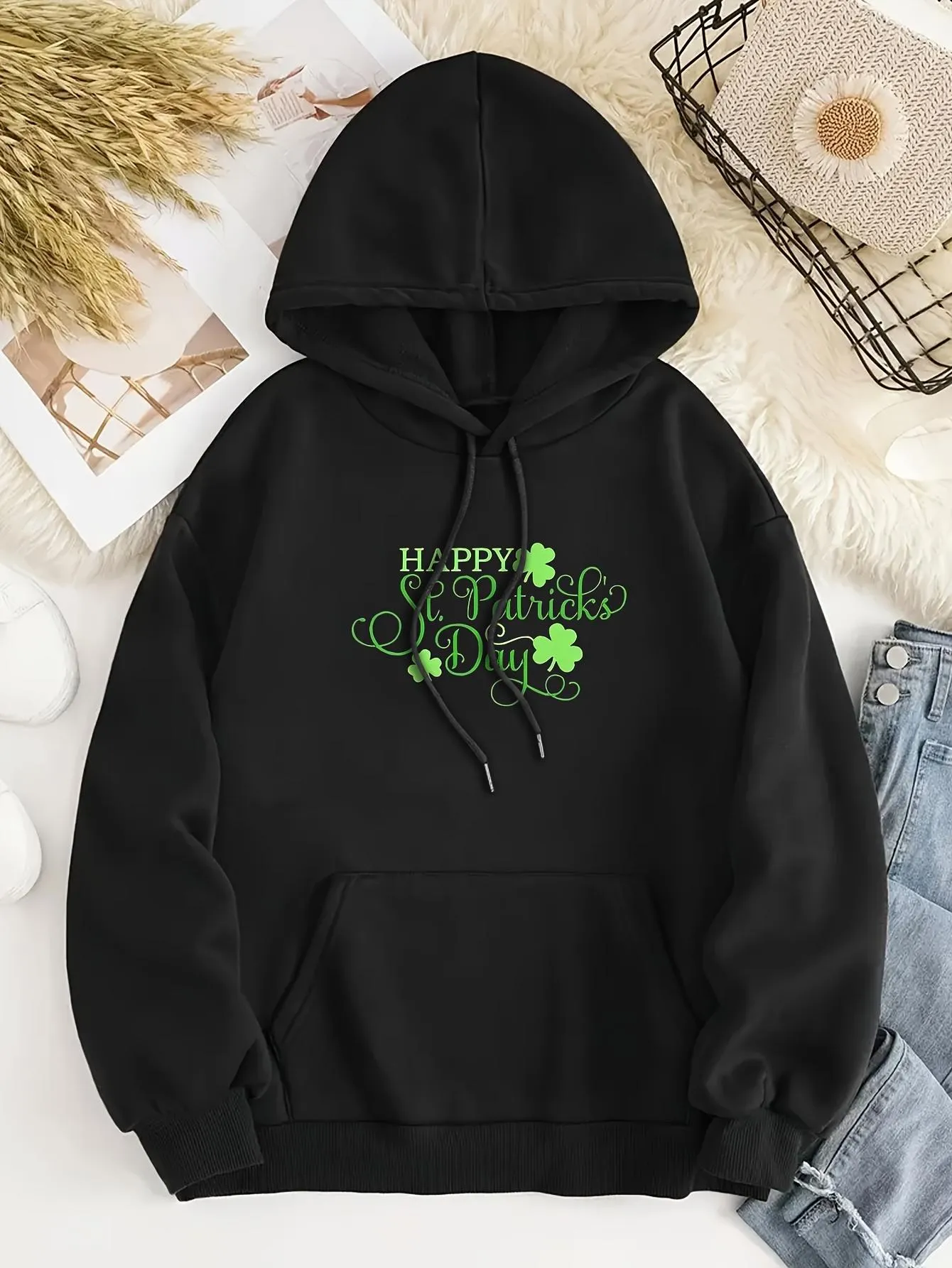 Tailorly Women's Printed Hoodie - Happy Saint Patricks Day Bright Neon Lettering With Green Clover Hoodie sold by Tailorly