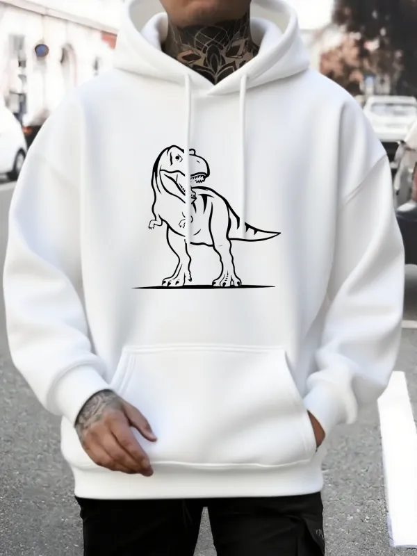 Tailorly Men's Printed Hoodie - Minimalist Cartoon Outline Dinosaur On Urban White Hoodie made by Tailorly