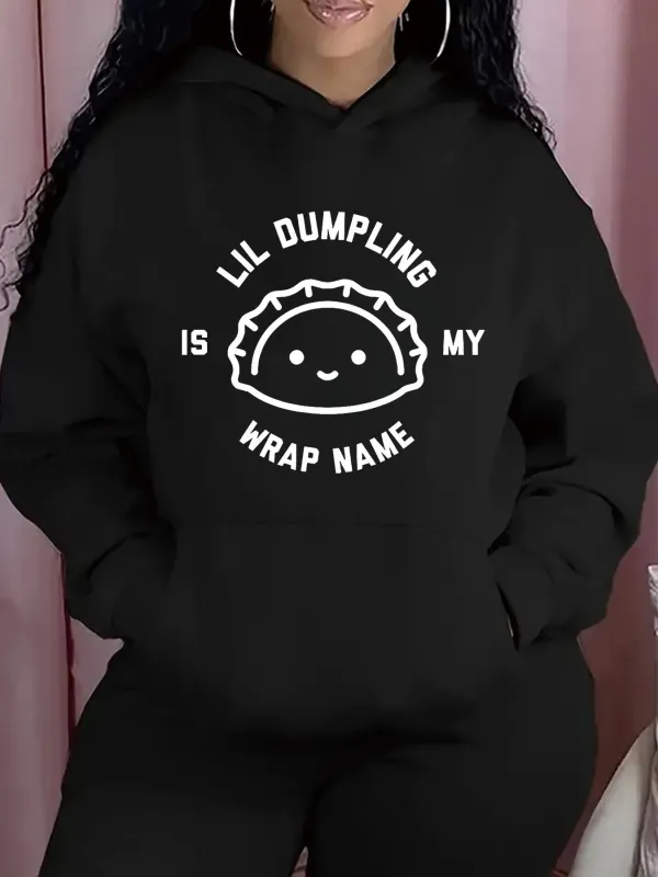 Tailorly Women's Printed Hoodie - Lil Dumpling Is My Wrap Name With Smiling Cartoon Dumpling In Center made by Tailorly
