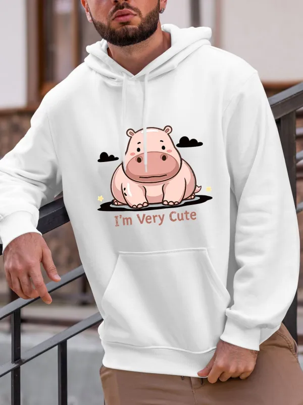 Tailorly Men's Printed Hoodie - Im Very Cute Cartoon Hippo Illustration With Playful Clouds Under Soft Light Hippo made by Tailorly