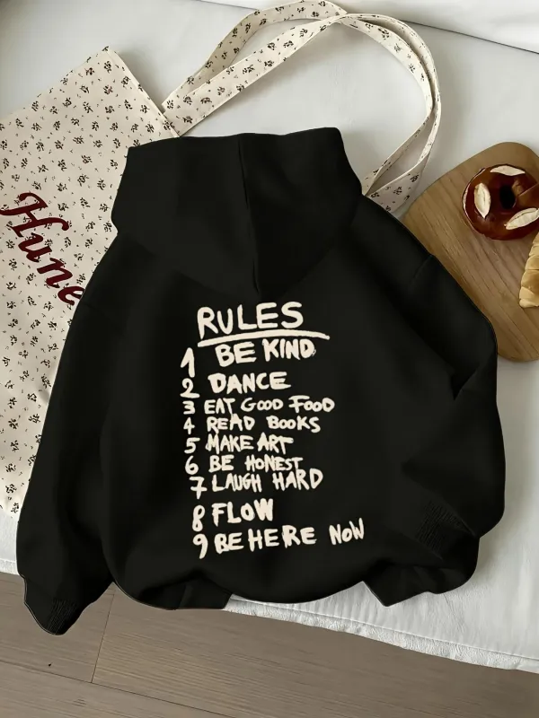Tailorly Women's Printed Hoodie - Rules List With Handwritten Artistic White Script On Black Hooded Sweatshirt made by Tailorly