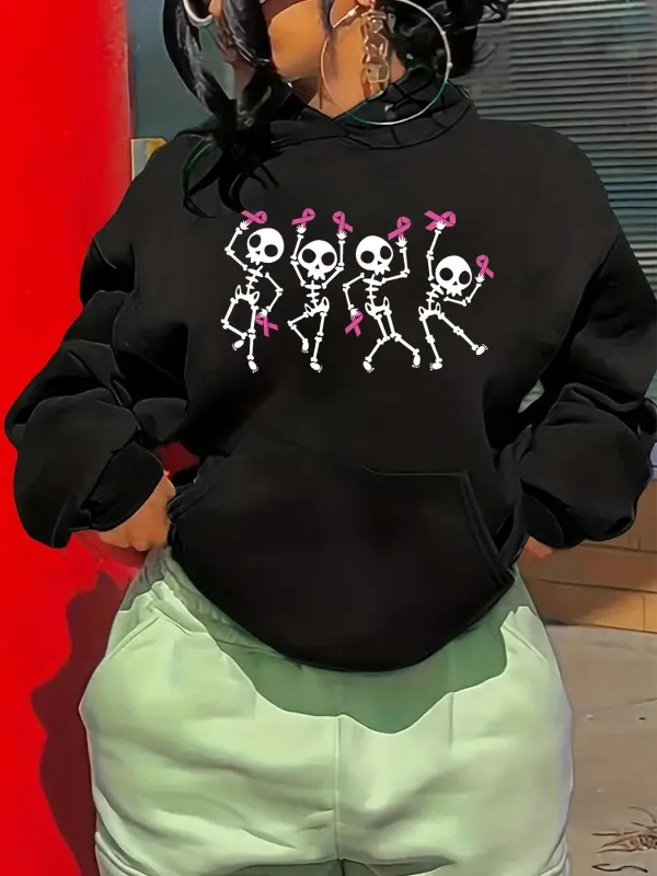 Tailorly Women's Printed Hoodie - Playful Dancing Skeletons Holding Pink Bows Under Sunlight Skeleton made by Tailorly