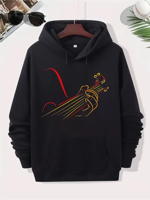 Tailorly Men's Printed Hoodie - Colorful Neon Strings Flowing Gracefully Along A Guitar made by Tailorly