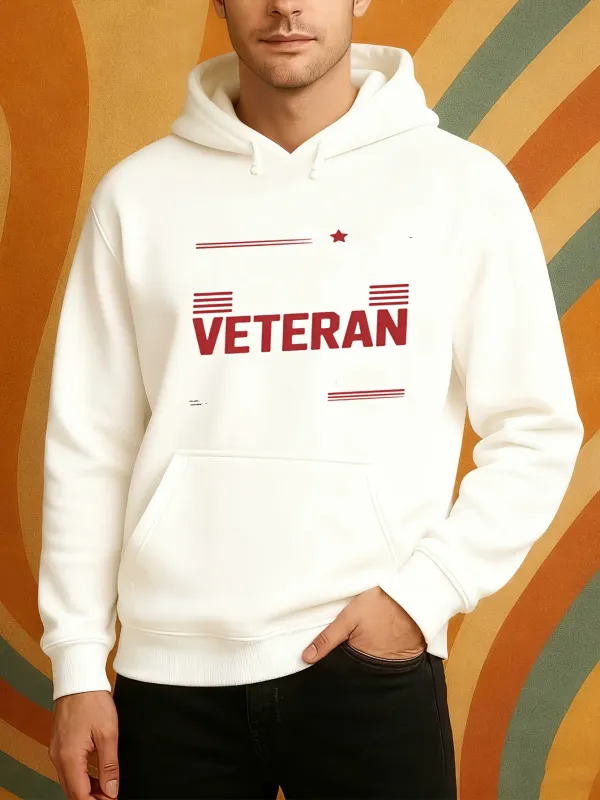 Tailorly Men's Printed Hoodie - Veteran Minimalist Lines With Bold Text And Icon Under Soft Lighting Hoodie made by Tailorly