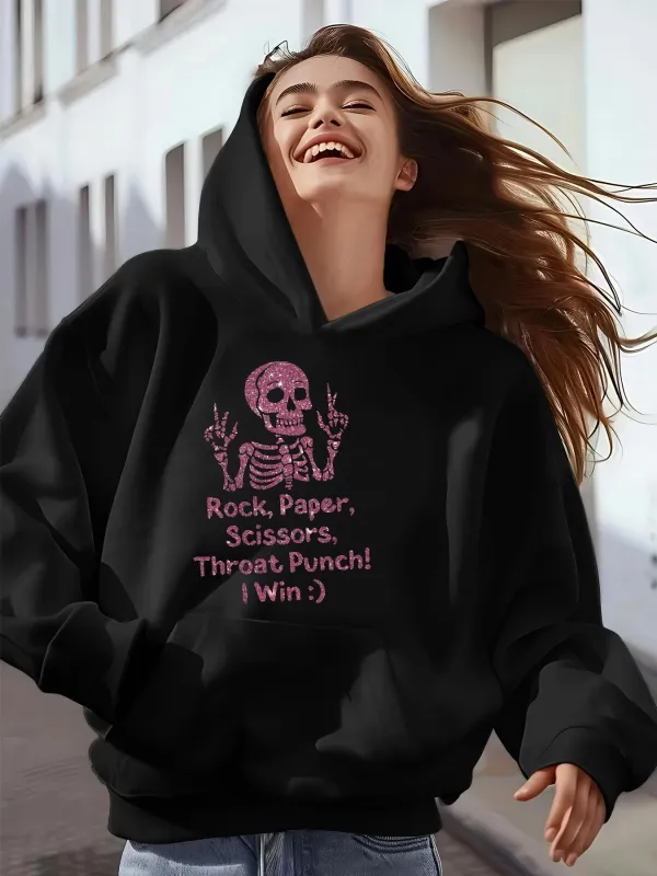 Tailorly Women's Printed Hoodie - Rock Paper Scissors Throat Punch I Win Neon Skeleton With Peace Signs Hoodie made by Tailorly