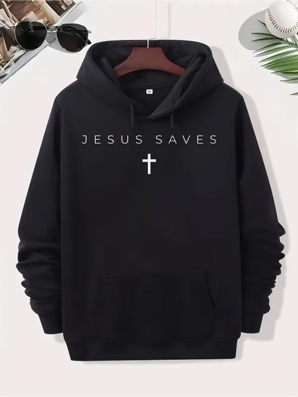 Tailorly Men's Printed Hoodie - Jesus Saves Minimalist Lettering With White Cross On Black Hoodie made by Tailorly