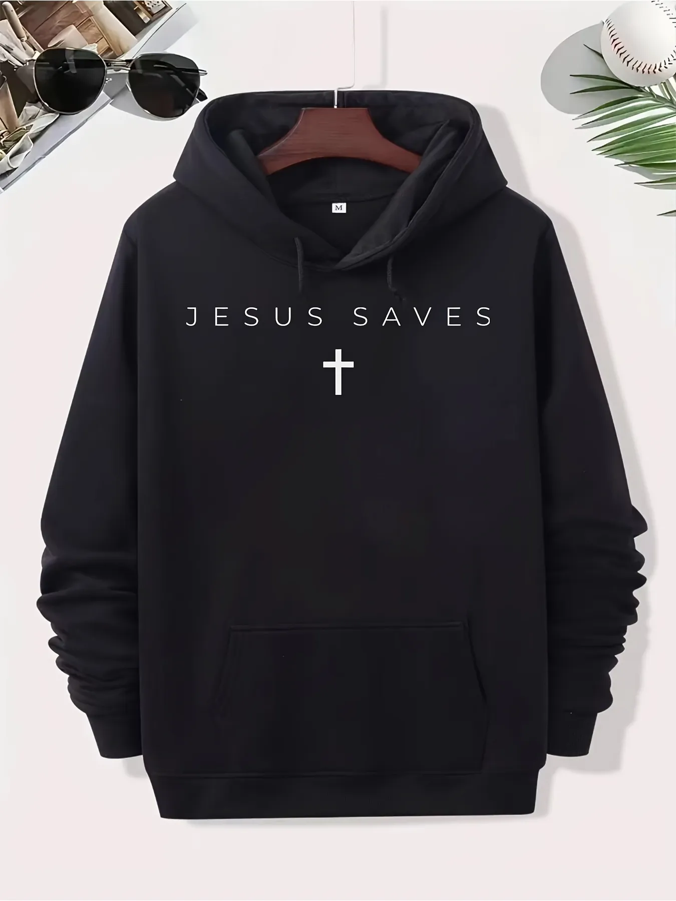Tailorly Men's Printed Hoodie - Jesus Saves Minimalist Lettering With White Cross On Black Hoodie sold by Tailorly