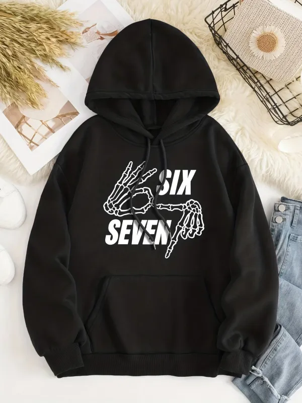 Tailorly Women's Printed Hoodie - Skeleton Hand Gestures With Bold Typography Six Seven made by Tailorly