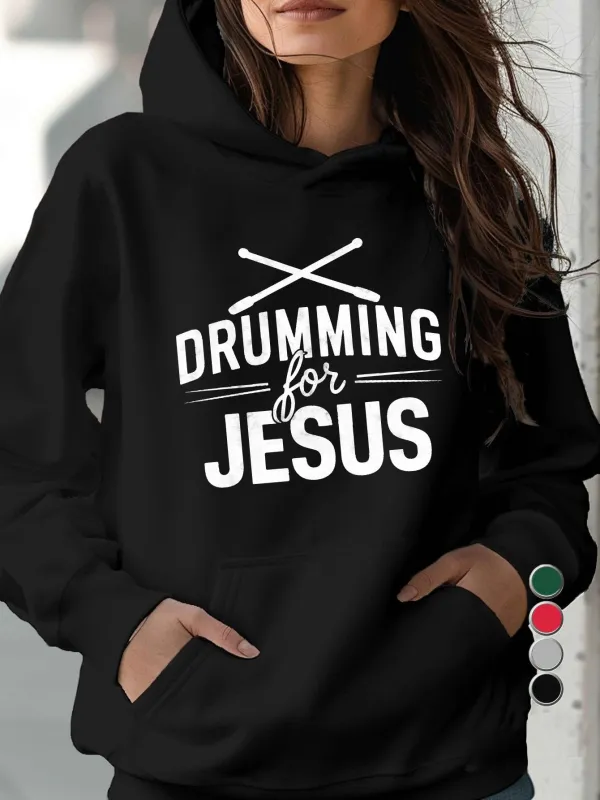 Tailorly Women's Printed Hoodie - Drumming For Jesus Bold Lettering With Crossed Drumsticks Black Hoodie made by Tailorly