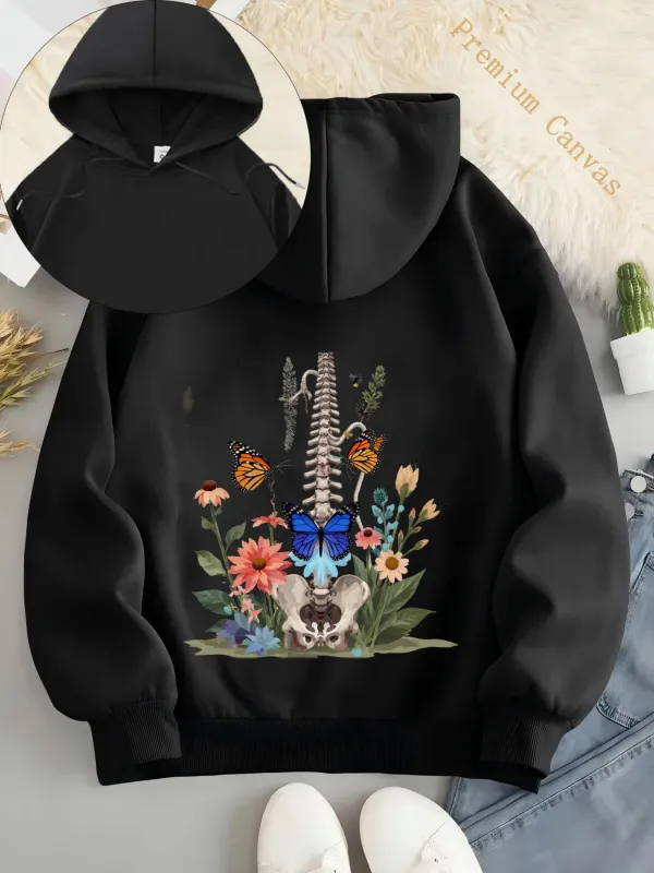 Tailorly Women's Printed Hoodie - Colorful Butterflies And Wild Blooms Surrounding Anatomical Spine made by Tailorly