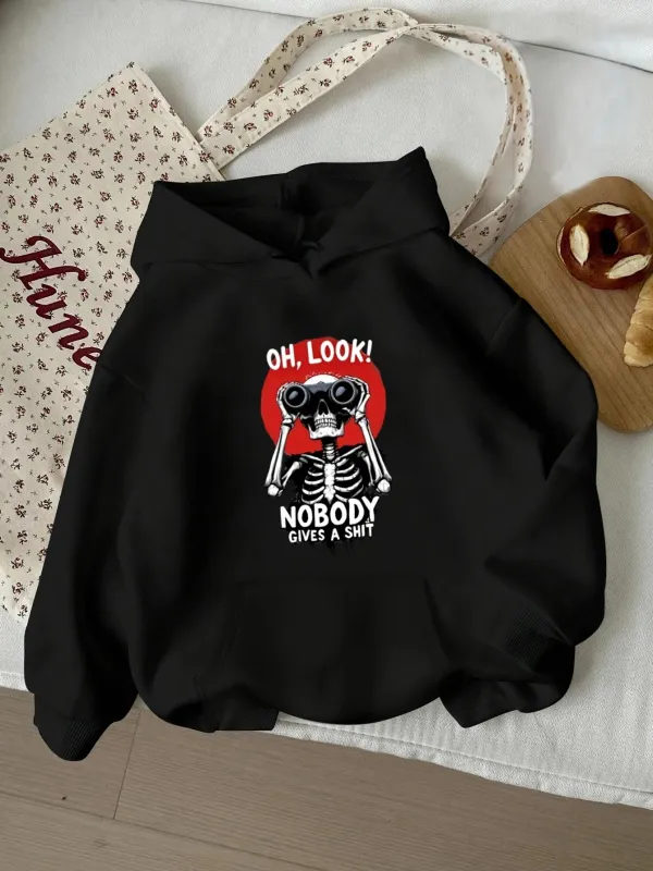 Tailorly Women's Printed Hoodie - Oh Look Nobody Gives A Shit Cartoon Skeleton With Binoculars Under Red Sun made by Tailorly