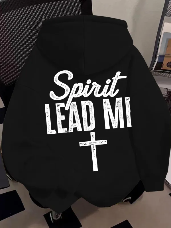 Tailorly Women's Printed Hoodie - Spirit Lead Me Grunge White Text With Simple Christian Cross Hooded Sweatshirt made by Tailorly