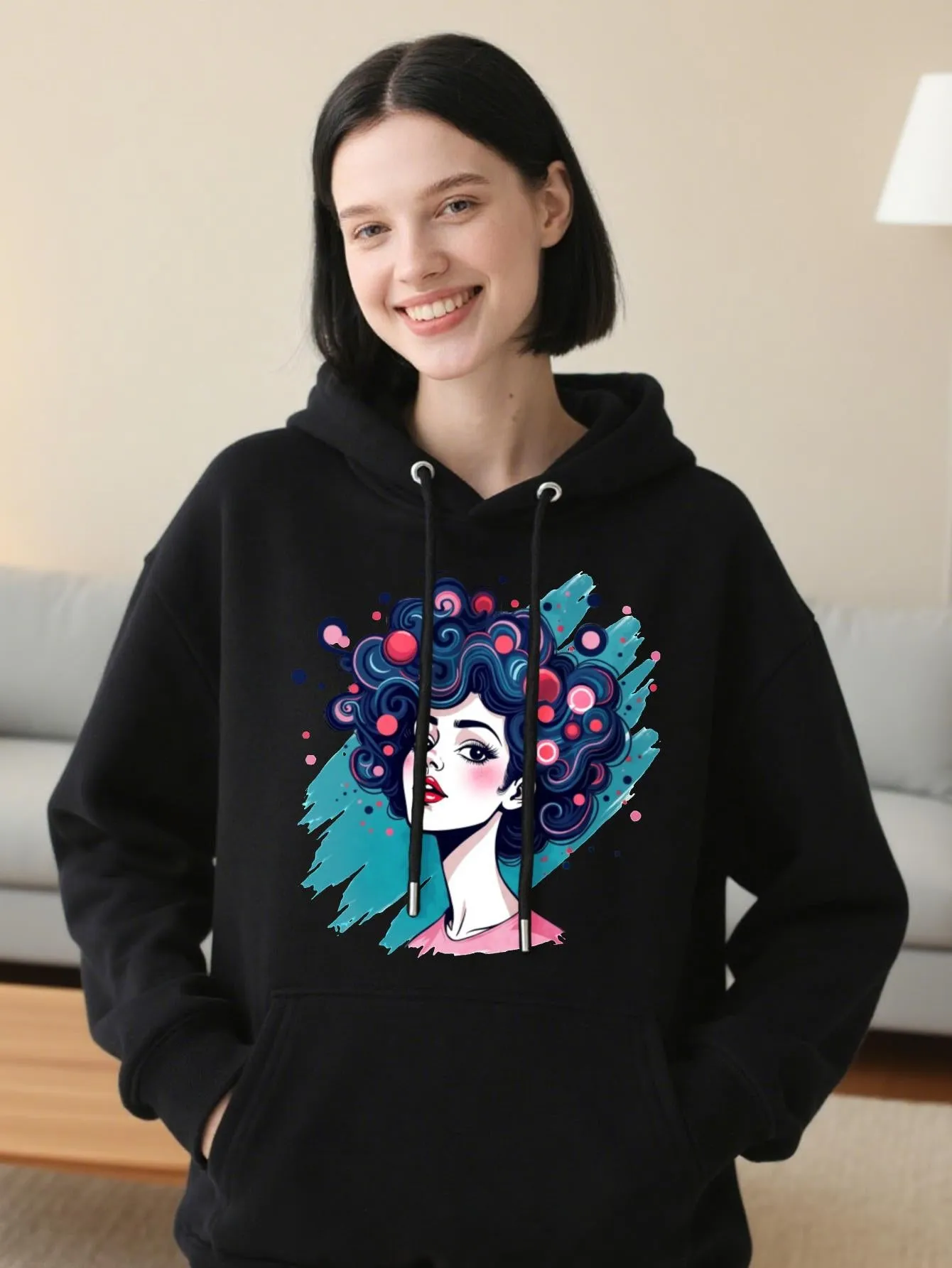 Tailorly Women's Printed Hoodie - Playful Bubble Abstract Hair Woman Portrait sold by Tailorly