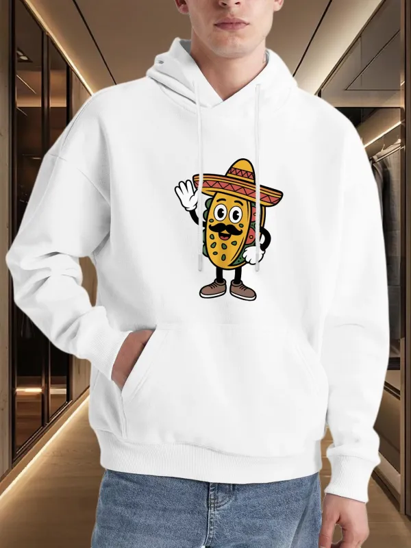 Tailorly Men's Printed Hoodie - Cartoon Sombrero Wearing Happy Fiesta Taco Character made by Tailorly