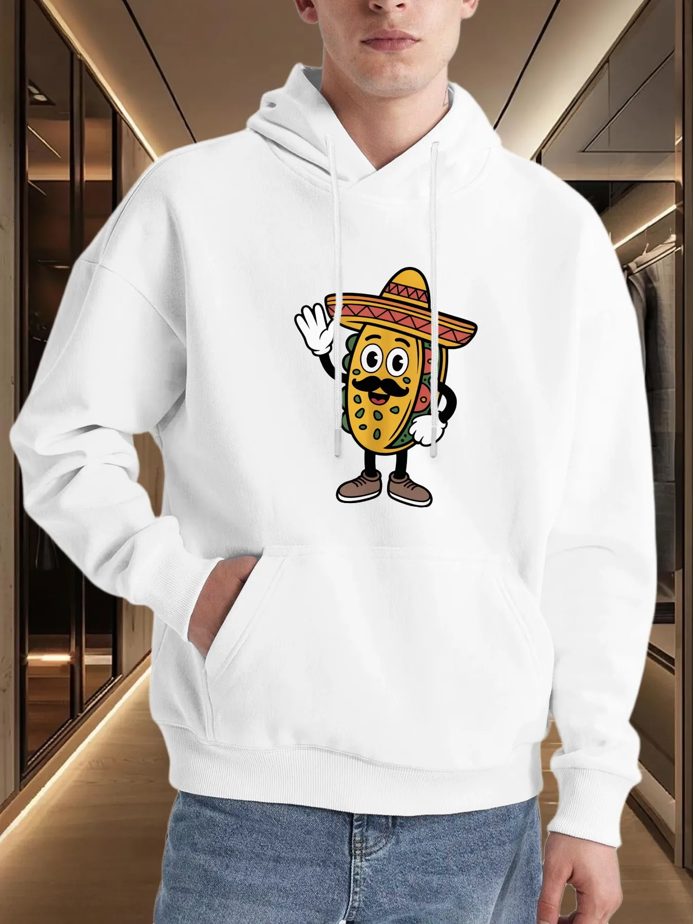 Tailorly Men's Printed Hoodie - Cartoon Sombrero Wearing Happy Fiesta Taco Character sold by Tailorly