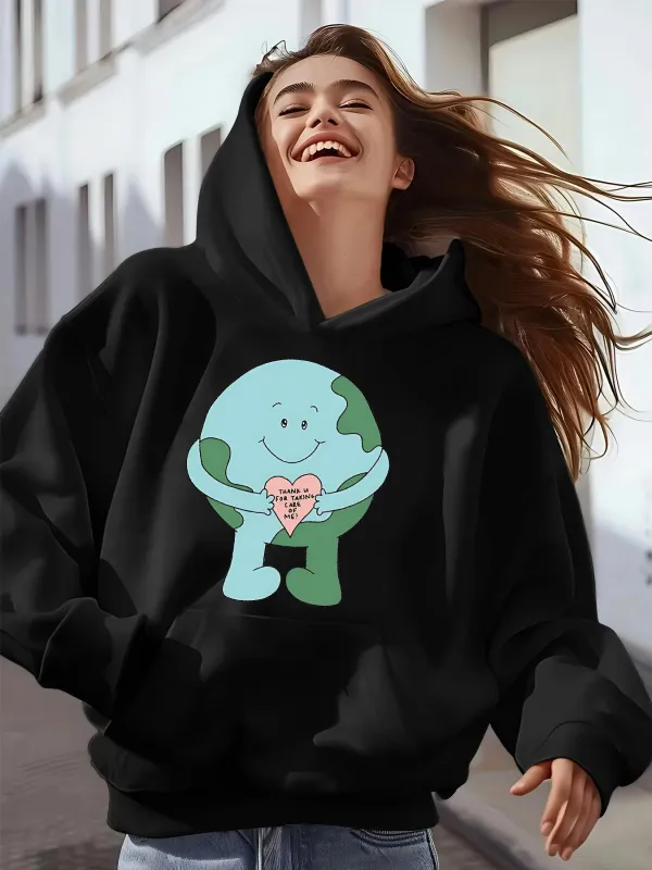 Tailorly Women's Printed Hoodie - Cute Blue Earth Cartoon Character Holding A Pink Heart Earth made by Tailorly