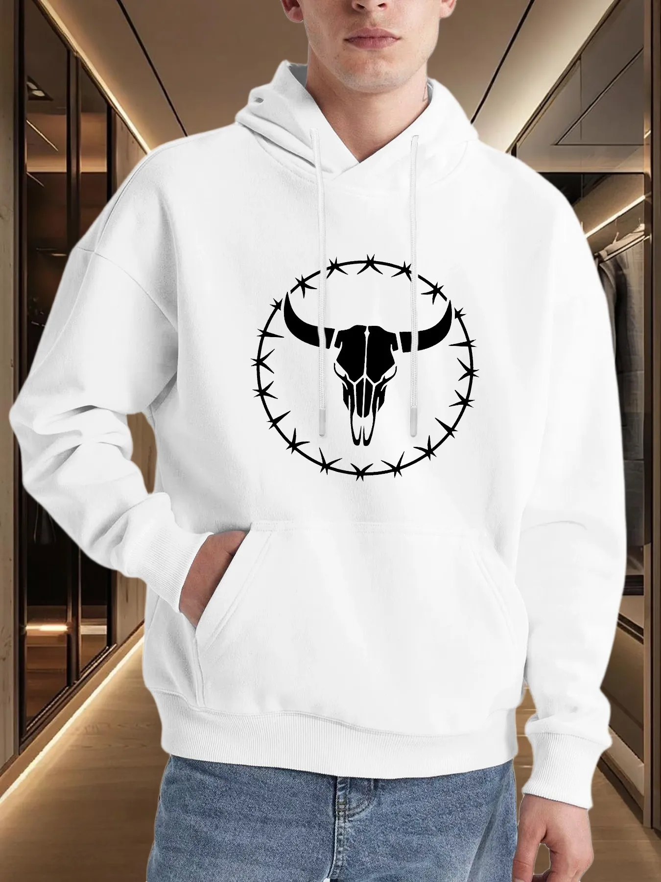 Tailorly Men's Printed Hoodie - Barbed Circle Surrounding A Western Style Bull Skull sold by Tailorly