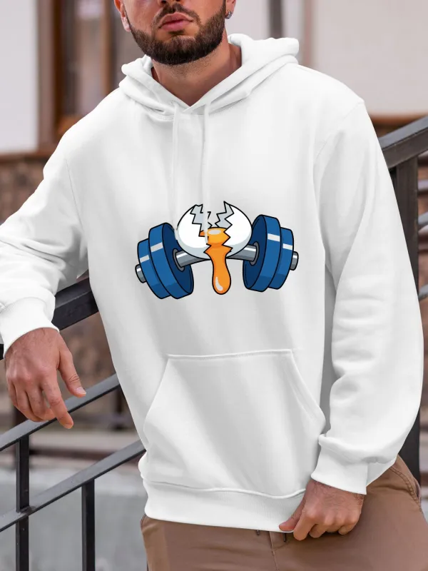 Tailorly Men's Printed Hoodie - Cracked Shell With Blue Dumbbell Surrounded By Cartoon Yolk Dumbbell made by Tailorly