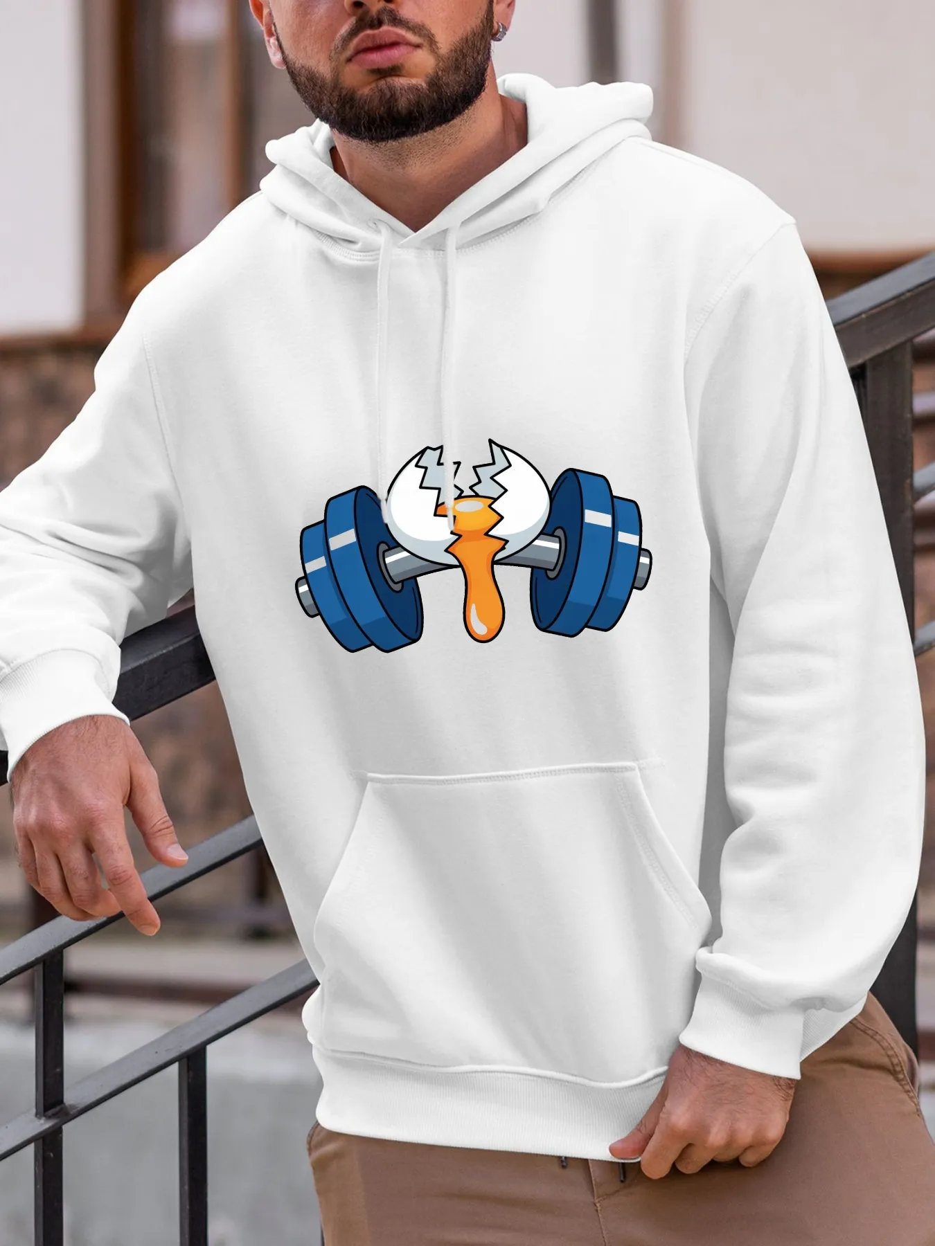 Tailorly Men's Printed Hoodie - Cracked Shell With Blue Dumbbell Surrounded By Cartoon Yolk Dumbbell sold by Tailorly