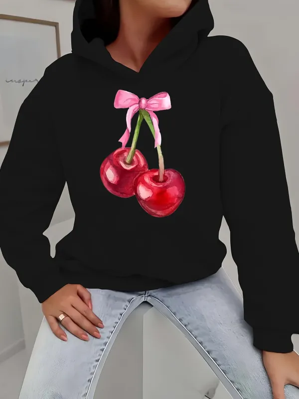 Tailorly Women's Printed Hoodie - Bright Pink Ribbon With Shiny Juicy Fruits Cherry made by Tailorly
