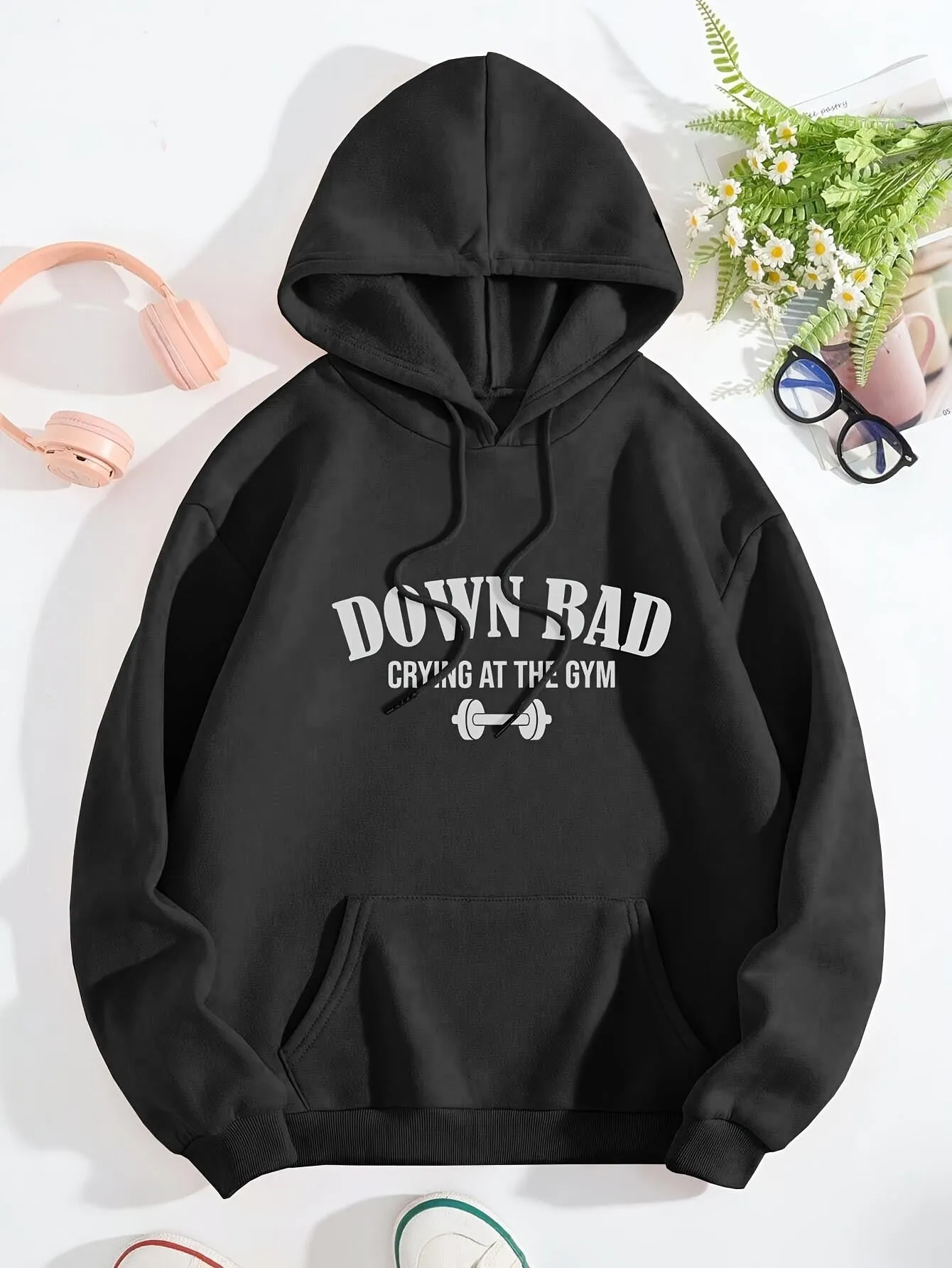 Tailorly Women's Printed Hoodie - Down Bad Crying At The Gym With Dumbbell Motif Centered On Hoodie sold by Tailorly