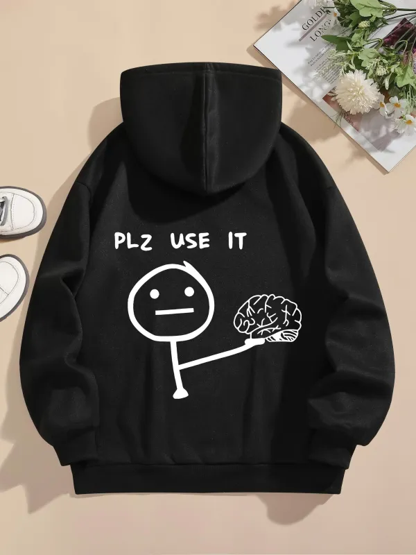 Tailorly Women's Printed Hoodie - Plz Use It Cartoon Stick Figure With Outstretched Arm Holding Brain made by Tailorly