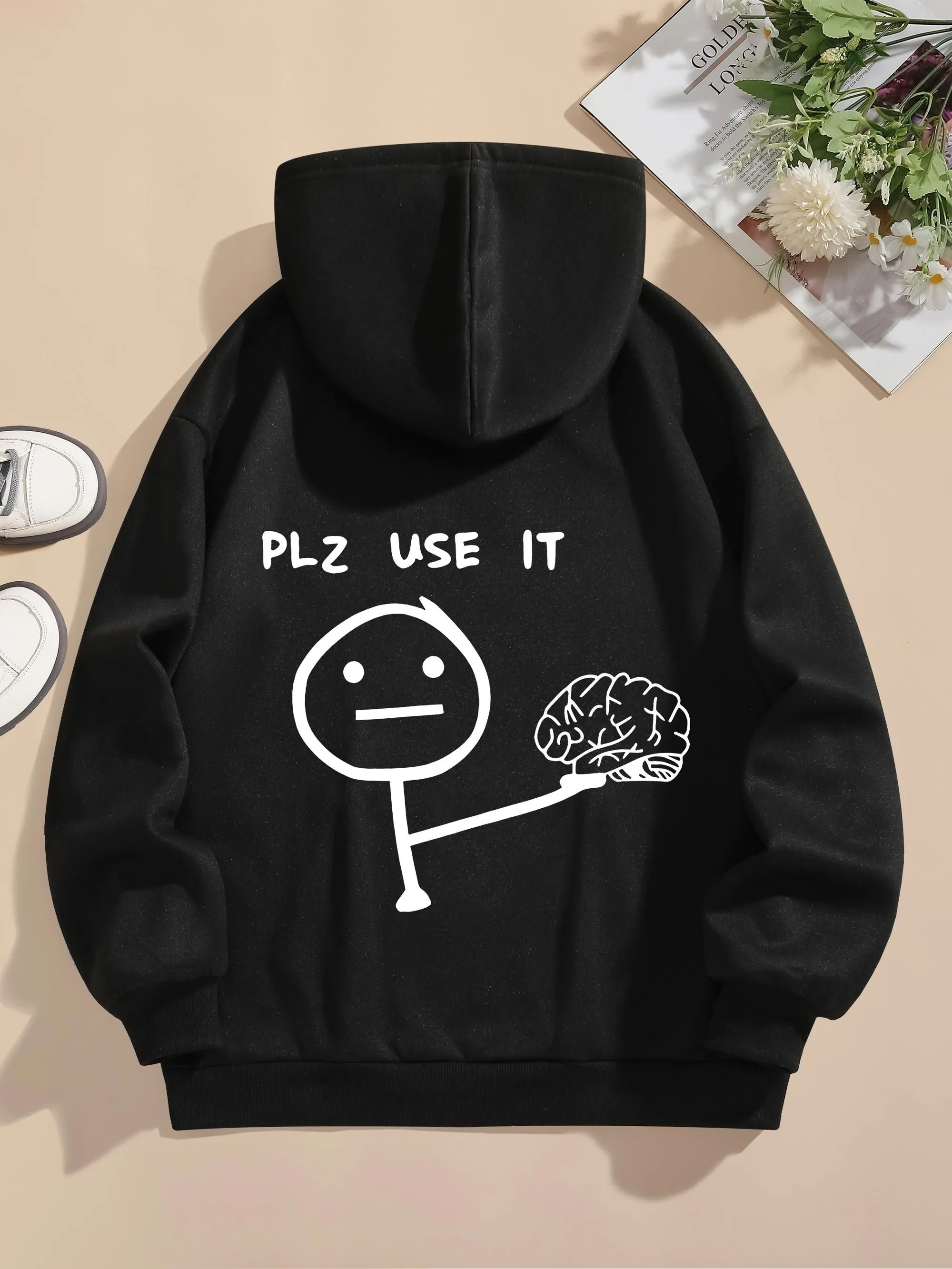 Tailorly Women's Printed Hoodie - Plz Use It Cartoon Stick Figure With Outstretched Arm Holding Brain sold by Tailorly