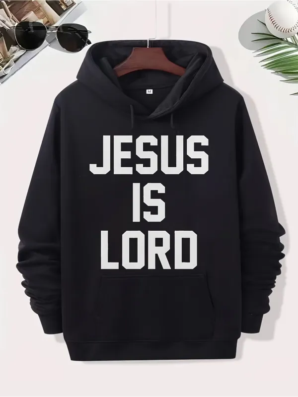 Tailorly Men's Printed Hoodie - Jesus Is Lord Bold White Lettering On Minimalist Black Hoodie made by Tailorly