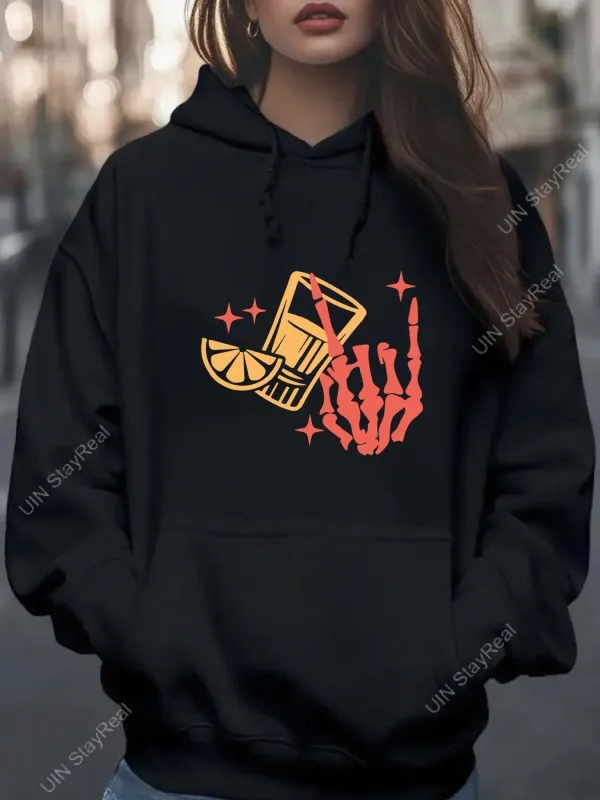 Tailorly Women's Printed Hoodie - Skeleton Hand With Cocktail Surrounded By Sparkling Bright Citrus Drink made by Tailorly