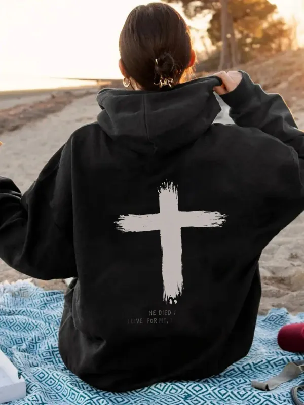 Tailorly Women's Printed Hoodie - Textured Brushstroke White Cross On Plain Black Hoodie made by Tailorly