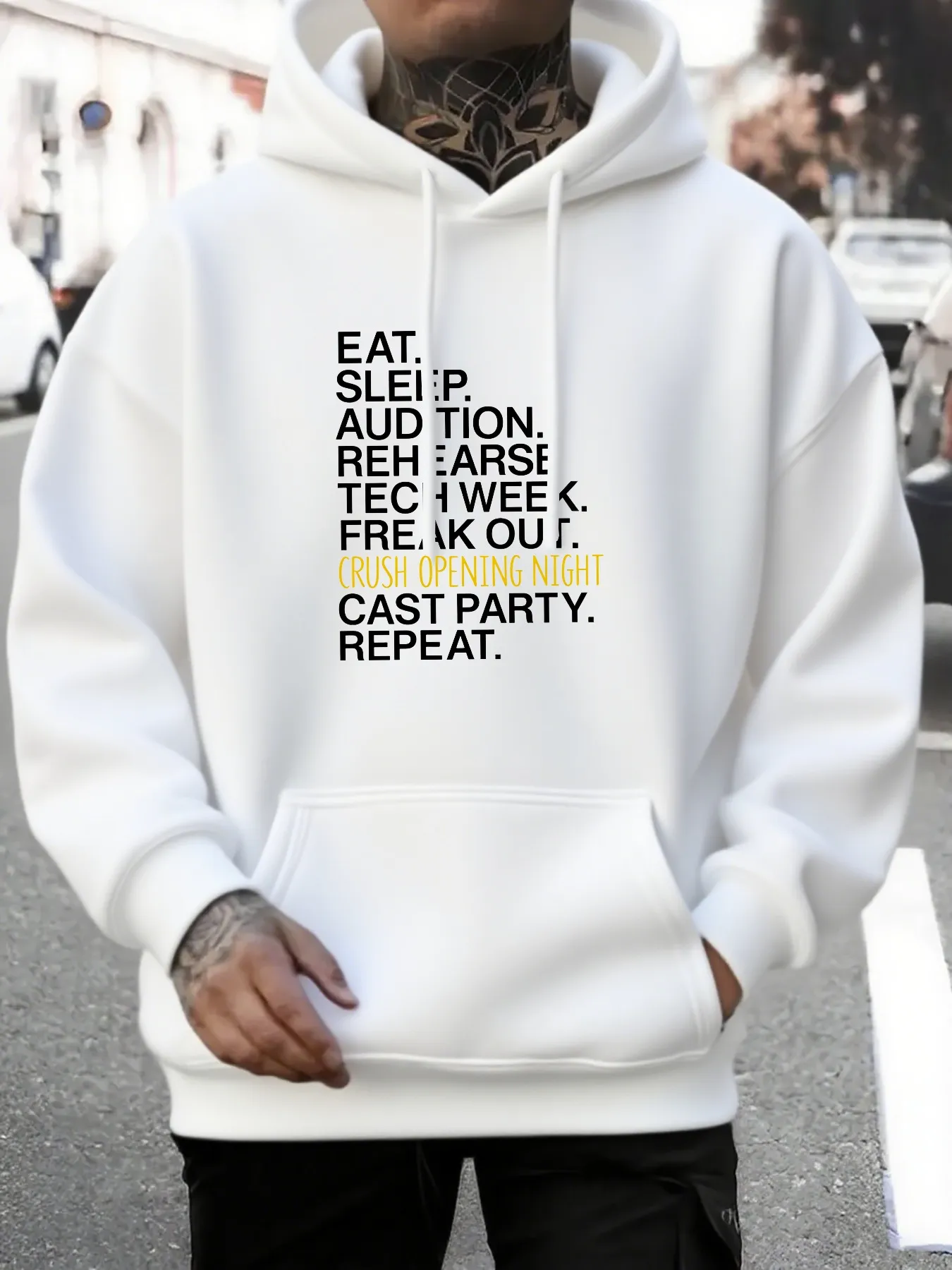 Tailorly Men's Printed Hoodie - Eat Sleep Audition Rehearse Tech Week Freak Out Cast Party Repeat Theater Hoodie sold by Tailorly