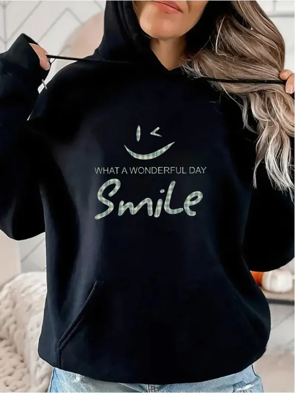 Tailorly Women's Printed Hoodie - What A Wonderful Day Smile With Minimalist Line Drawing Smiling Face made by Tailorly