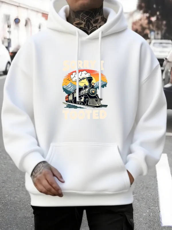 Tailorly Men's Printed Hoodie - Colorful Sunset Landscape With Mountains And Cloud Behind Vintage Train made by Tailorly