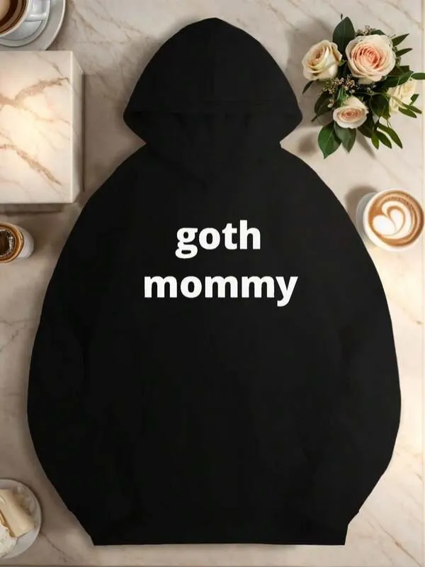 Tailorly Women's Printed Hoodie - Goth Mommy Bold White Letters On Solid Black Hoodie made by Tailorly