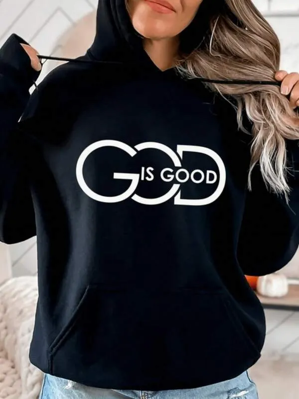Tailorly Women's Printed Hoodie - God Is Good Bold White Text Design On Cozy Black Hoodie sold by Tailorly