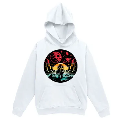 Tailorly Men's Printed Hoodie - Space Mountains Under Red Planets With Astronaut Walking Landscape sold by Tailorly