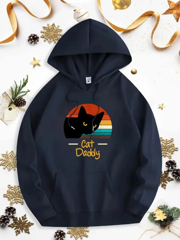 Tailorly Men's Printed Hoodie - Cat Daddy With Vintage Rainbow Silhouette And Playful Black Cat made by Tailorly