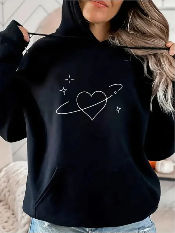 Tailorly Women's Printed Hoodie - Orbiting Heart With Sparkling Stars Centered On Black Hoodie made by Tailorly