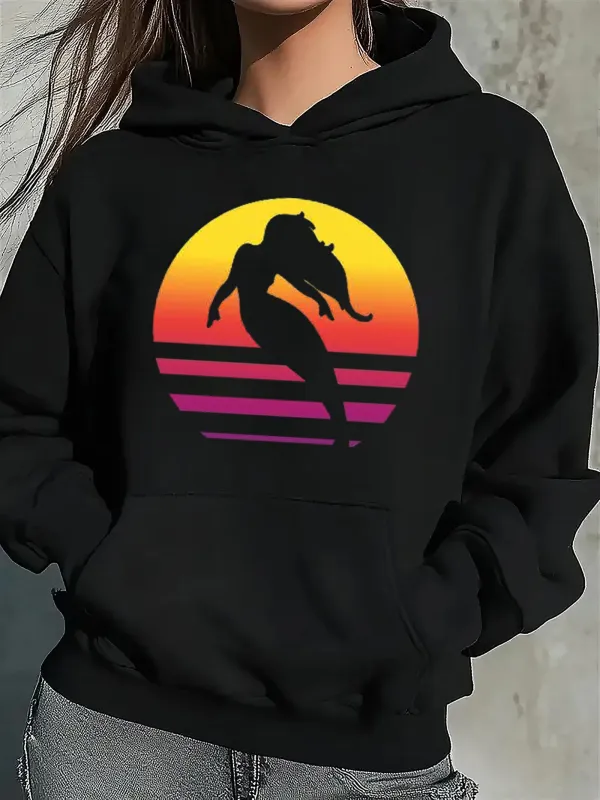 Tailorly Women's Printed Hoodie - Sunset Gradient Horizon With Silhouetted Woman Standing On Beach made by Tailorly