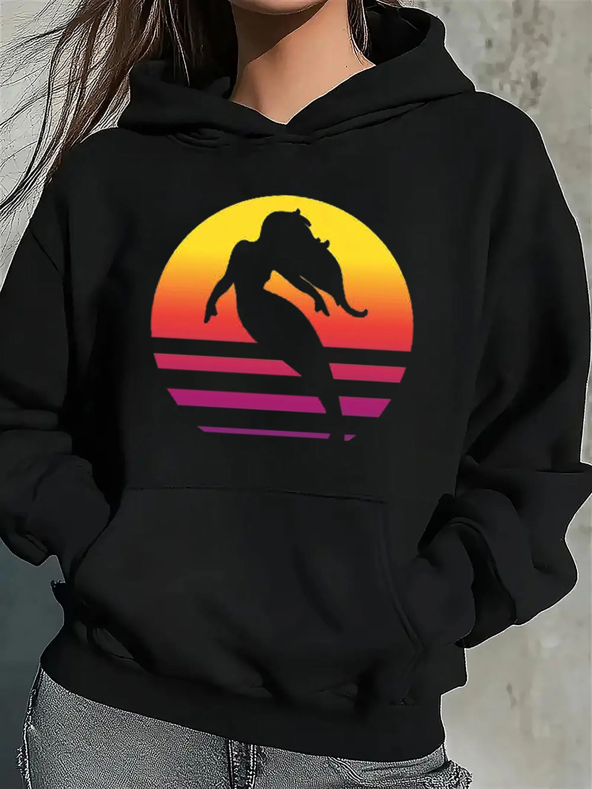Tailorly Women's Printed Hoodie - Sunset Gradient Horizon With Silhouetted Woman Standing On Beach sold by Tailorly